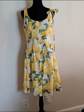 🍋 Anne Klein Lemon Print Eyelet Cotton Dress - Size 8